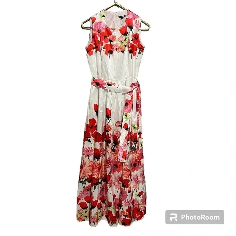 Samuel Dong White Red Floral Floor Length Maxi Dress Sleeveless Size L Nwt